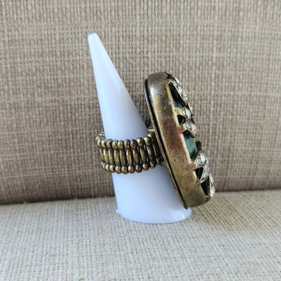 Women Ring Big Face Statement Ring Bronze Tone Green Faux Stone Fashion Jewelry - Picture 5 of 11